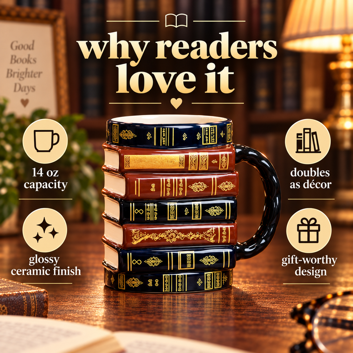 ๐Vintage Book Stack Mug โ Cozy Ceramic Gift for Book Lovers