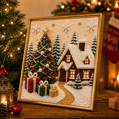 🎄🎅 Premium 3D Pearl Christmas Wall Art Kit | Luxury Flocked Canvas with Scratch-Resistant Non-Fading Pearl Beads DIY Holiday Decor ⛄️❄️