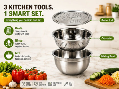 🔥Hot Sale 50% OFF 🎁3-in-1 Stainless Steel Kitchen Prep Set – Grater, Colander & Mixing Bowl
