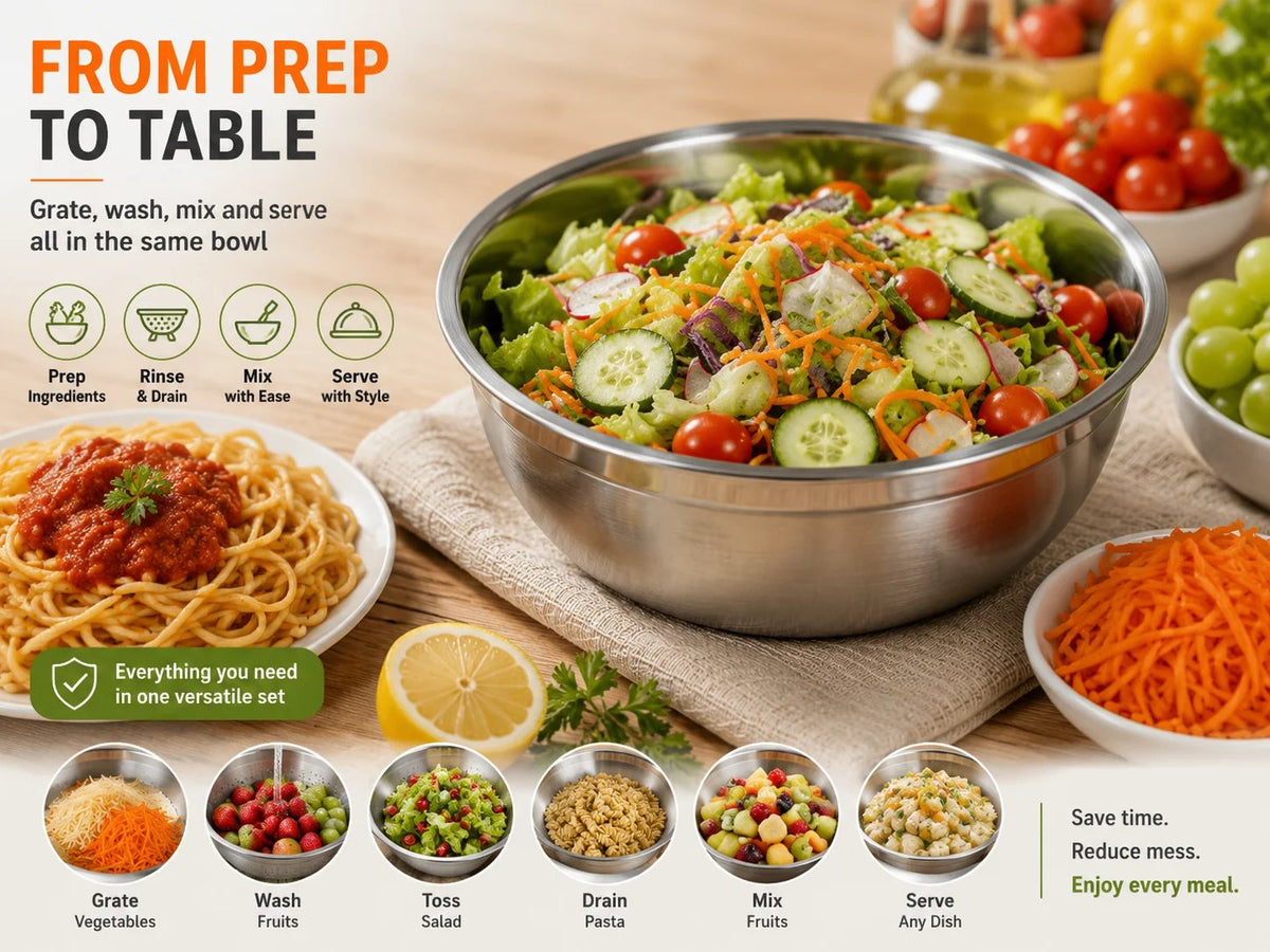 🔥Hot Sale 50% OFF 🎁3-in-1 Stainless Steel Kitchen Prep Set – Grater, Colander & Mixing Bowl