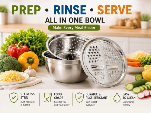 🔥Hot Sale 50% OFF 🎁3-in-1 Stainless Steel Kitchen Prep Set – Grater, Colander & Mixing Bowl