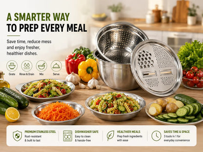 🔥Hot Sale 50% OFF 🎁3-in-1 Stainless Steel Kitchen Prep Set – Grater, Colander & Mixing Bowl
